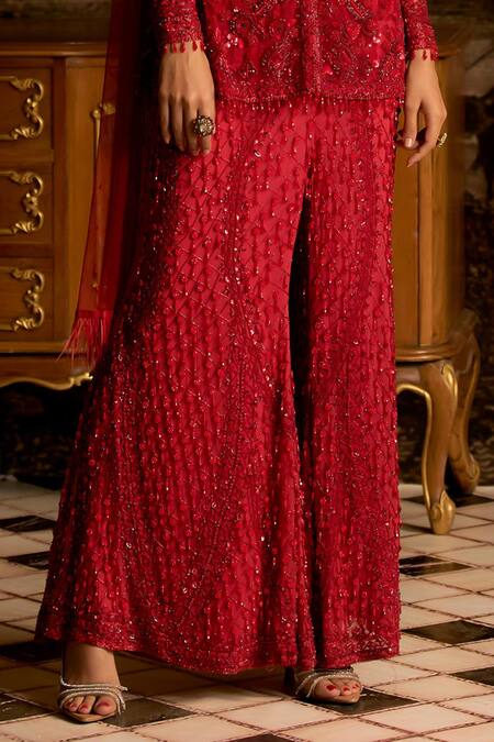 Mani Bhatia_Red Chiffon, Net Sequins, Stones Round Gigi Embellished Jacket And Sharara Set _Online_at_Aza_Fashions
