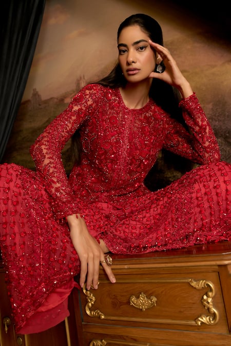 Buy_Mani Bhatia_Red Chiffon, Net Sequins, Stones Round Gigi Embellished Jacket And Sharara Set _Online_at_Aza_Fashions
