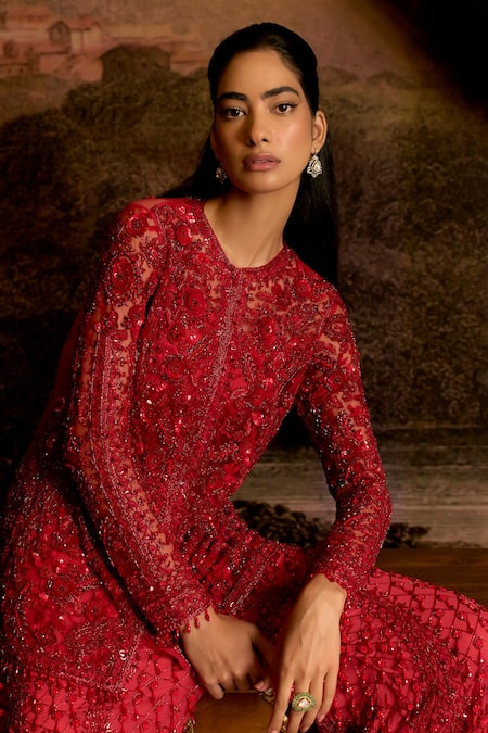 Shop_Mani Bhatia_Red Chiffon, Net Sequins, Stones Round Gigi Embellished Jacket And Sharara Set _Online_at_Aza_Fashions