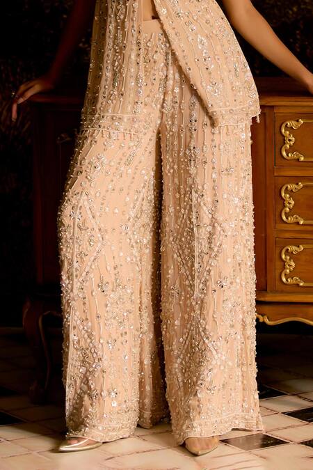 Buy_Mani Bhatia_Peach Chiffon, Net Pearls, Sequins, Cinderella Embellished Kurta Sharara Set 