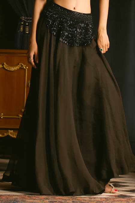 Mani Bhatia_Black Organza Pearls, Stones, Sequins Coco Embellished Blouse, Jacket And Skirt _Online_at_Aza_Fashions