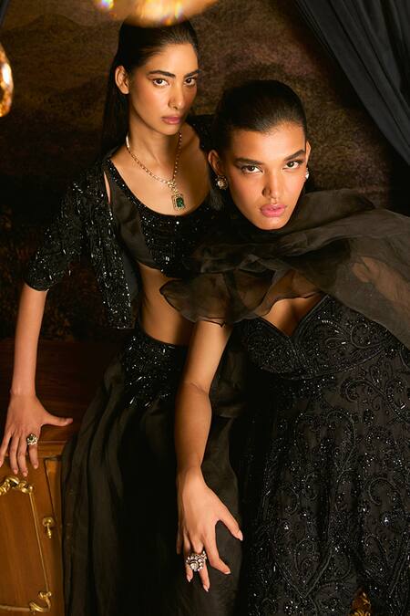 Mani Bhatia_Black Net, Crepe Sequins, Pearls, Beads Kiki And Embroidered Tunic Sharara Set _Online_at_Aza_Fashions