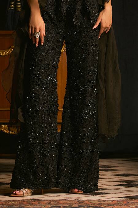 Shop_Mani Bhatia_Black Net, Crepe Sequins, Pearls, Beads Kiki And Embroidered Tunic Sharara Set _Online_at_Aza_Fashions