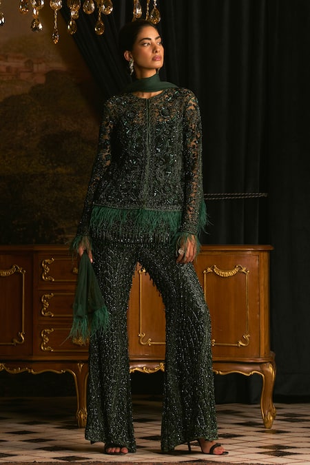 Mani Bhatia Percy Embroidered Short Kurta, Jacket & Pant Set