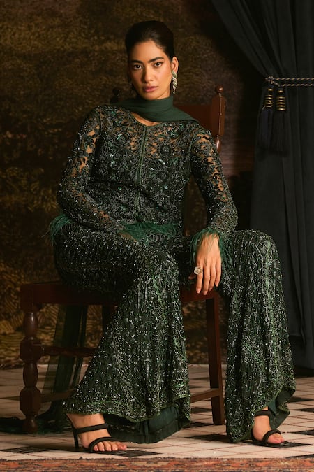 Buy_Mani Bhatia_Emerald Green Chiffon, Net Crystals, Percy Short Kurta, Jacket And Pant Set _Online_at_Aza_Fashions