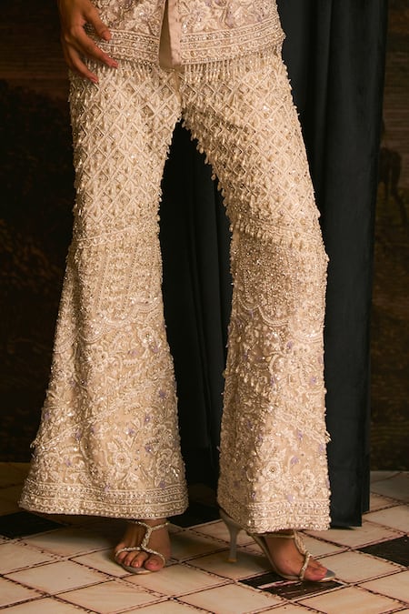 Shop_Mani Bhatia_White Net, Satin Pearls, Perline Embroidered Jacket, Pant And Dupatta Set _Online_at_Aza_Fashions