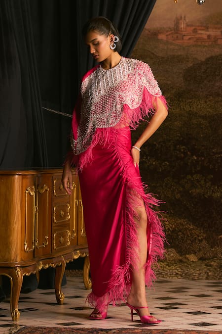 Mani Bhatia Lyonell Embellished Cape & Ruched Skirt Set 