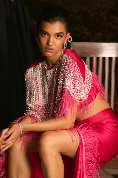 Buy_Mani Bhatia_Fuchsia Satin Sequins, Pearls, Lyonell Embellished Cape And Ruched Skirt Set _Online_at_Aza_Fashions