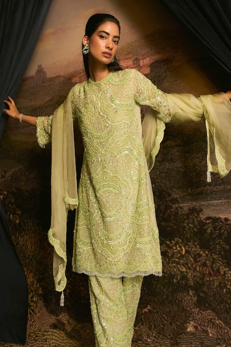 Buy_Mani Bhatia_Green Crepe, Organza Sequins, Pearls Christel Pastel Embroidered Kurta Set _Online_at_Aza_Fashions