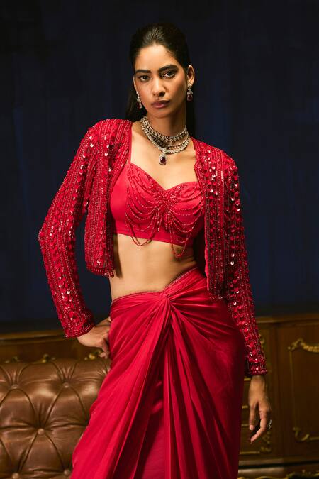Mani Bhatia_Jos�e Embroidered Jacket, Blouse & Draped Skirt Set _Online_at_Aza_Fashions