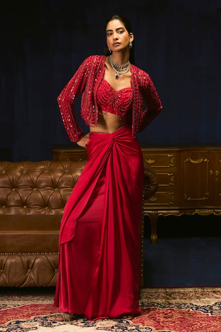 Mani Bhatia Jos�e Embroidered Jacket, Blouse & Draped Skirt Set