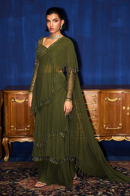 Mani Bhatia Illumin�e Sequins & Cutdana Embroidered Pre-Draped Saree Set