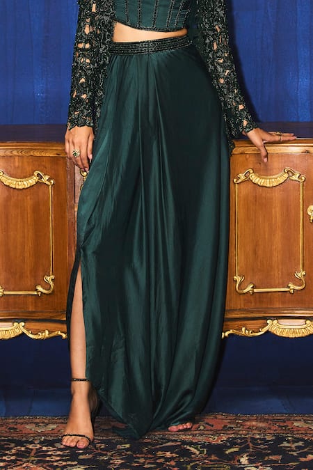 Mani Bhatia_Emerald Green Organza, Satin Sequins, Gaby Embellished Jacket And Skirt Set _Online_at_Aza_Fashions