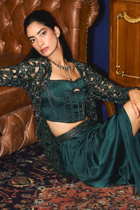 Shop_Mani Bhatia_Emerald Green Organza, Satin Sequins, Gaby Embellished Jacket And Skirt Set _Online_at_Aza_Fashions