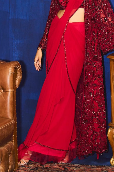 Buy_Mani Bhatia_Red Organza, Georgette Sequins, Pearls, Beads, Embroidery Zerline And Saree Set _Online_at_Aza_Fashions