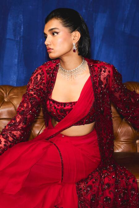 Shop_Mani Bhatia_Red Organza, Georgette Sequins, Pearls, Beads, Embroidery Zerline And Saree Set _Online_at_Aza_Fashions