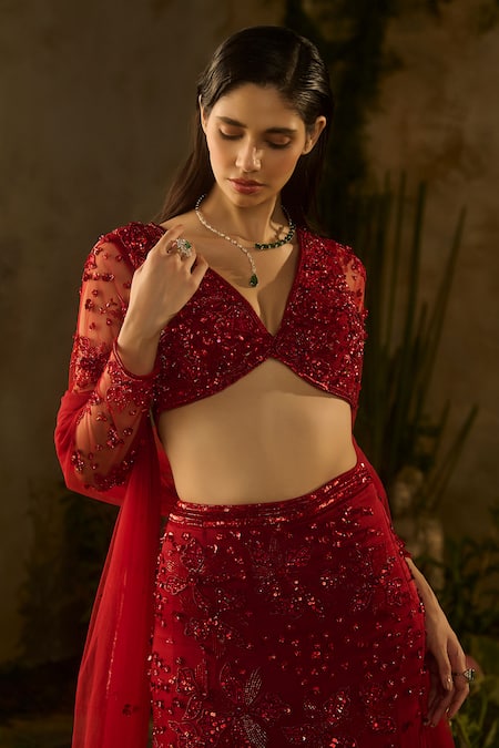 Parul Gandhi_Red Satin, Georgette Embroidery, Rossa Embellished Floral Motif Lehenga Set _Online_at_Aza_Fashions
