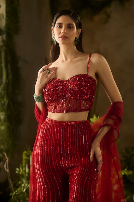 Parul Gandhi_Red Silk Organza Sequins, Beads Sweetheart Neck Rouge Blouse And Pant Set _Online_at_Aza_Fashions