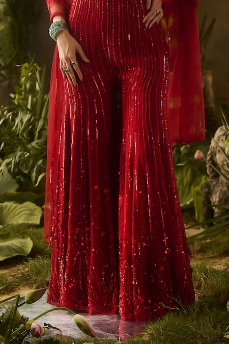 Parul Gandhi_Red Silk Organza Sequins, Beads Sweetheart Neck Rouge Blouse And Pant Set _at_Aza_Fashions