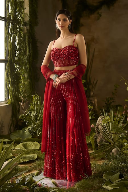 Buy_Parul Gandhi_Red Silk Organza Sequins, Beads Sweetheart Neck Rouge Blouse And Pant Set 