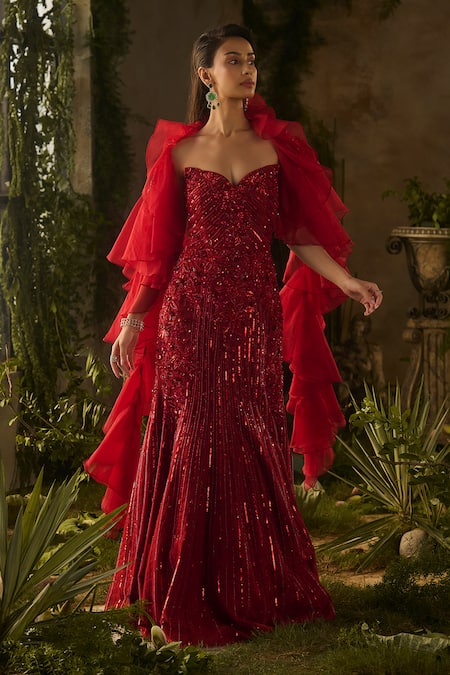 Parul Gandhi_Red Mesh, Net Sequins, Beads, Embroidery, Ruffles Sweetheart Ignessa And Gown _at_Aza_Fashions