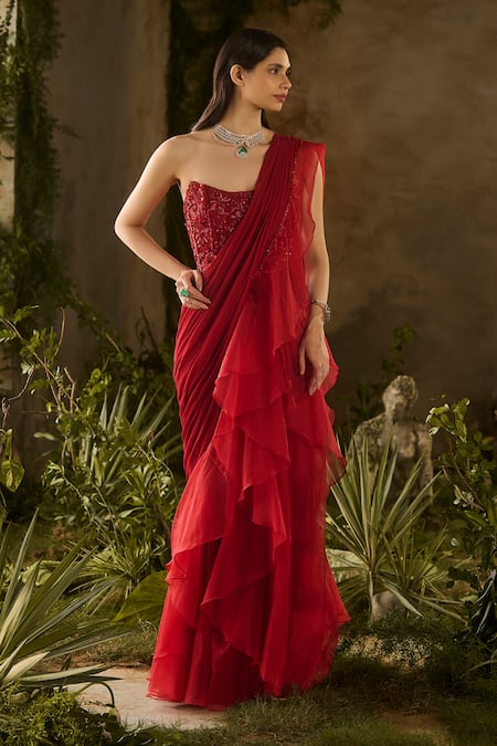 Parul Gandhi Scarlet Ruffled Pre-Draped Saree & Corset Blouse 
