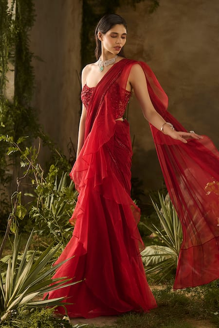 Parul Gandhi_Red Georgette, Organza Sequins, Scarlet Ruffled Pre-draped Saree And Corset Blouse _at_Aza_Fashions
