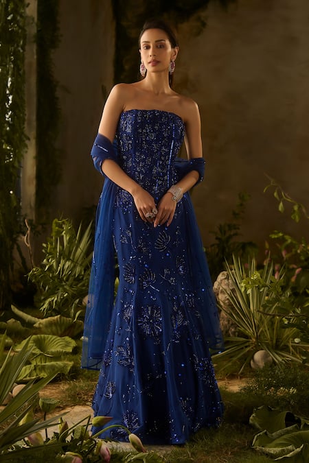 Shop_Parul Gandhi_Blue Mesh, Net Sequins, Beads, Aurora Embellished Strapless Blouse Lehenga Set _Online_at_Aza_Fashions