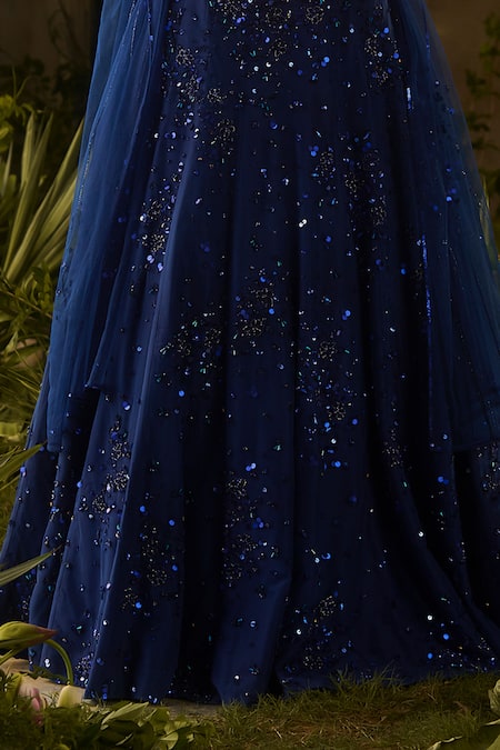 Buy_Parul Gandhi_Blue Mesh, Net Sequins, Embroidery Square Neck Moonlit And Lehenga Set _Online_at_Aza_Fashions