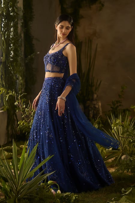 Shop_Parul Gandhi_Blue Mesh, Net Sequins, Embroidery Square Neck Moonlit And Lehenga Set _Online_at_Aza_Fashions