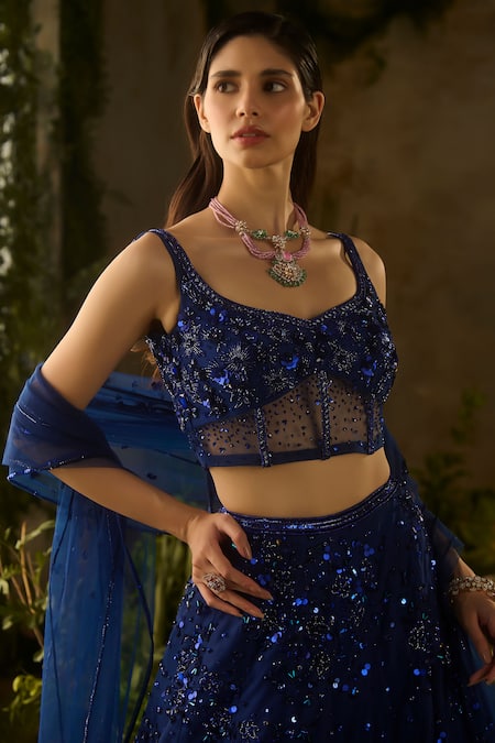 Parul Gandhi_Blue Mesh, Net Sequins, Embroidery Square Neck Moonlit And Lehenga Set _at_Aza_Fashions