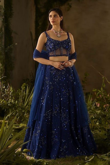 Buy_Parul Gandhi_Blue Mesh, Net Sequins, Embroidery Square Neck Moonlit And Lehenga Set 