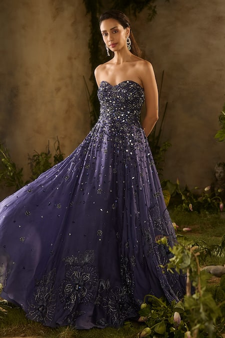 Shop_Parul Gandhi_Navy Silk Organza Sequins, Beads, Etherial And Beaded Gown With Jacket _Online_at_Aza_Fashions