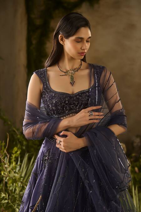Buy_Parul Gandhi_Blue Velvet, Satin, Organza, Net Embroidery, Enchanted Charm Blouse Lehenga Set _Online_at_Aza_Fashions