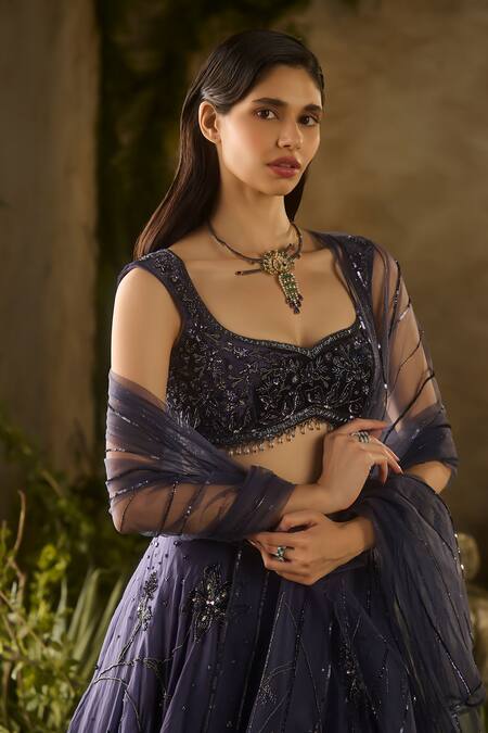 Shop_Parul Gandhi_Blue Velvet, Satin, Organza, Net Embroidery, Enchanted Charm Blouse Lehenga Set _Online_at_Aza_Fashions