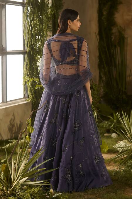 Parul Gandhi_Blue Velvet, Satin, Organza, Net Embroidery, Enchanted Charm Blouse Lehenga Set _at_Aza_Fashions