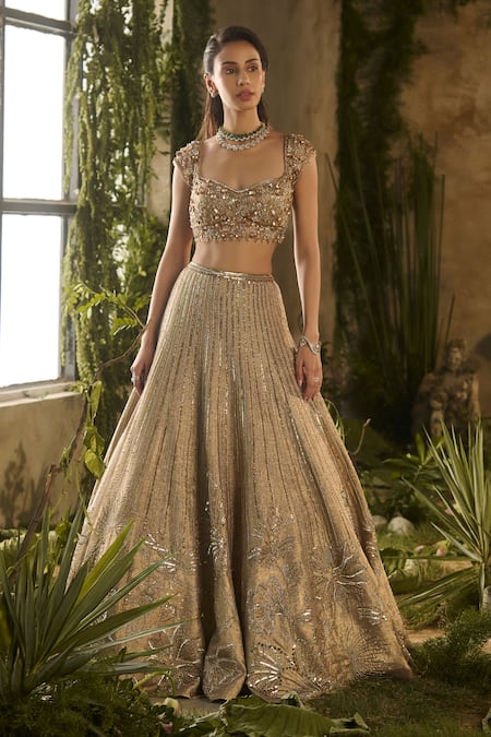 Shop_Parul Gandhi_Gold Jacquard, Silk, Net Embroidery, Sequins, Spectrum Blouse And Lehenga Set _Online_at_Aza_Fashions