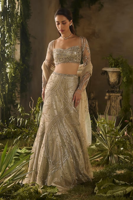 Shop_Parul Gandhi_Cream Silk, Jacquard, Net Sequins, Beads, Molten Luxe And Cutdana Lehenga Set _Online_at_Aza_Fashions