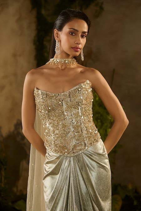 Buy_Parul Gandhi_Gold Jacquard, Net Sequins, Beads, Lunaria Embellished Corset And Drape Skirt Set _Online_at_Aza_Fashions