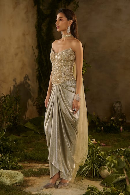 Shop_Parul Gandhi_Gold Jacquard, Net Sequins, Beads, Lunaria Embellished Corset And Drape Skirt Set 