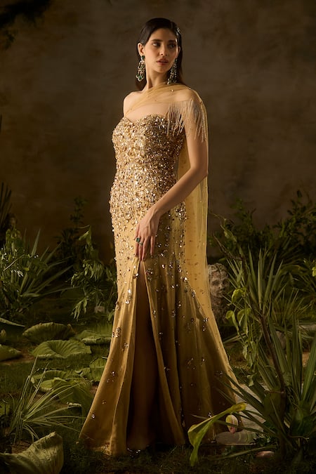 Parul Gandhi_Gold Jacquard Sequins, Beads Sweetheart Neck Elysia And Hand Embroidered Gown _Online_at_Aza_Fashions