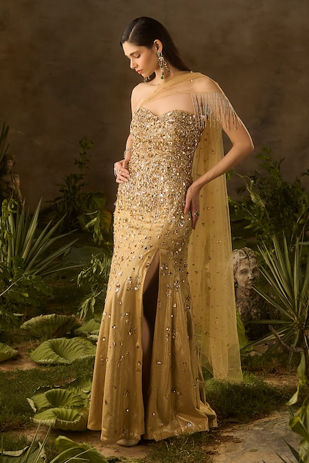 Parul Gandhi_Gold Jacquard Sequins, Beads Sweetheart Neck Elysia And Hand Embroidered Gown _at_Aza_Fashions