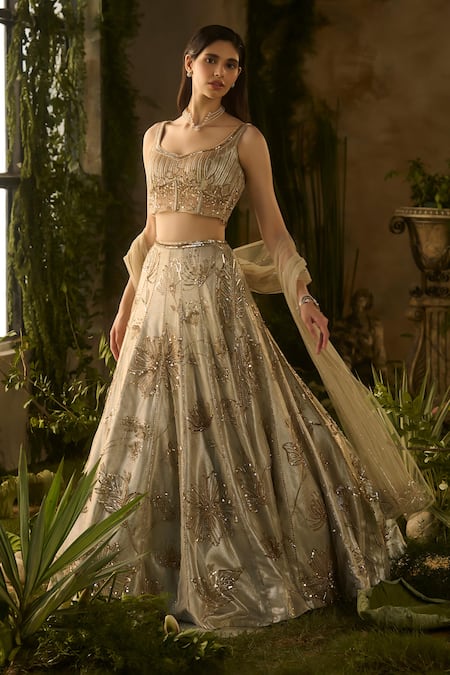 Parul Gandhi_Beige Jacquard, Net Embroidery, Sequins, Beads Champagne Blouse Lehenga Set _Online_at_Aza_Fashions