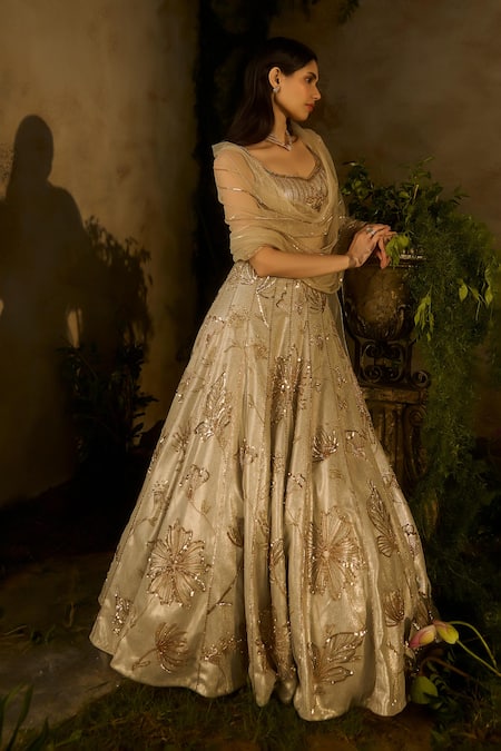 Buy_Parul Gandhi_Beige Jacquard, Net Embroidery, Sequins, Beads Champagne Blouse Lehenga Set _Online_at_Aza_Fashions