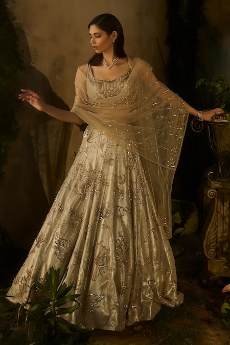 Shop_Parul Gandhi_Beige Jacquard, Net Embroidery, Sequins, Beads Champagne Blouse Lehenga Set _Online_at_Aza_Fashions