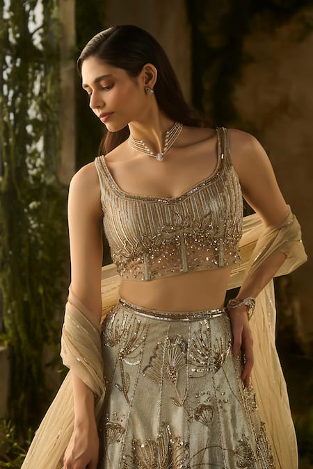 Parul Gandhi_Beige Jacquard, Net Embroidery, Sequins, Beads Champagne Blouse Lehenga Set _at_Aza_Fashions