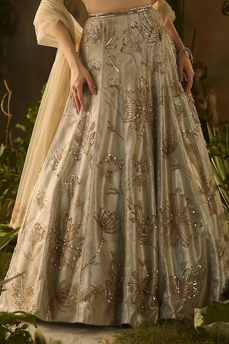 Buy_Parul Gandhi_Beige Jacquard, Net Embroidery, Sequins, Beads Champagne Blouse Lehenga Set 