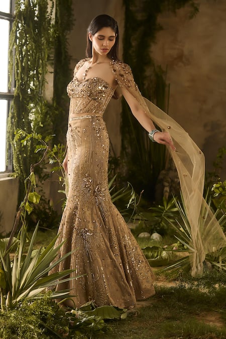 Parul Gandhi_Gold Jacquard Sequins, Beads, Embroidery, Metallic Lustre And Lehenga Set _at_Aza_Fashions