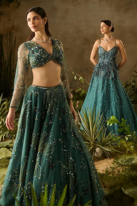 Buy_Parul Gandhi_Emerald Green Satin, Organza Beads, Sequins, Enigma Blouse And Lehenga Set _Online_at_Aza_Fashions