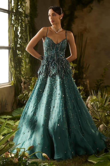 Shop_Parul Gandhi_Emerald Green Satin, Organza Beads, Sequins, Enigma Blouse And Lehenga Set _Online_at_Aza_Fashions